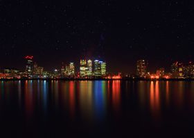 A city skyline at night