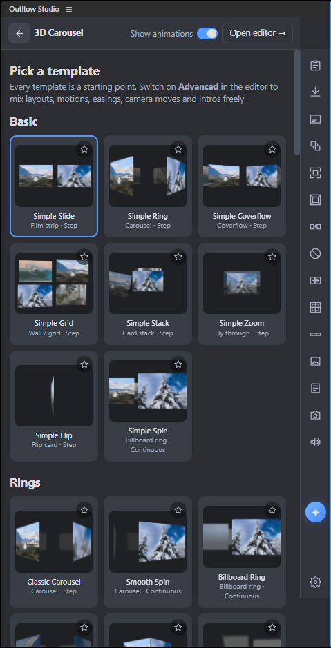 Outflow Studio panel: 3D Carousel template picker